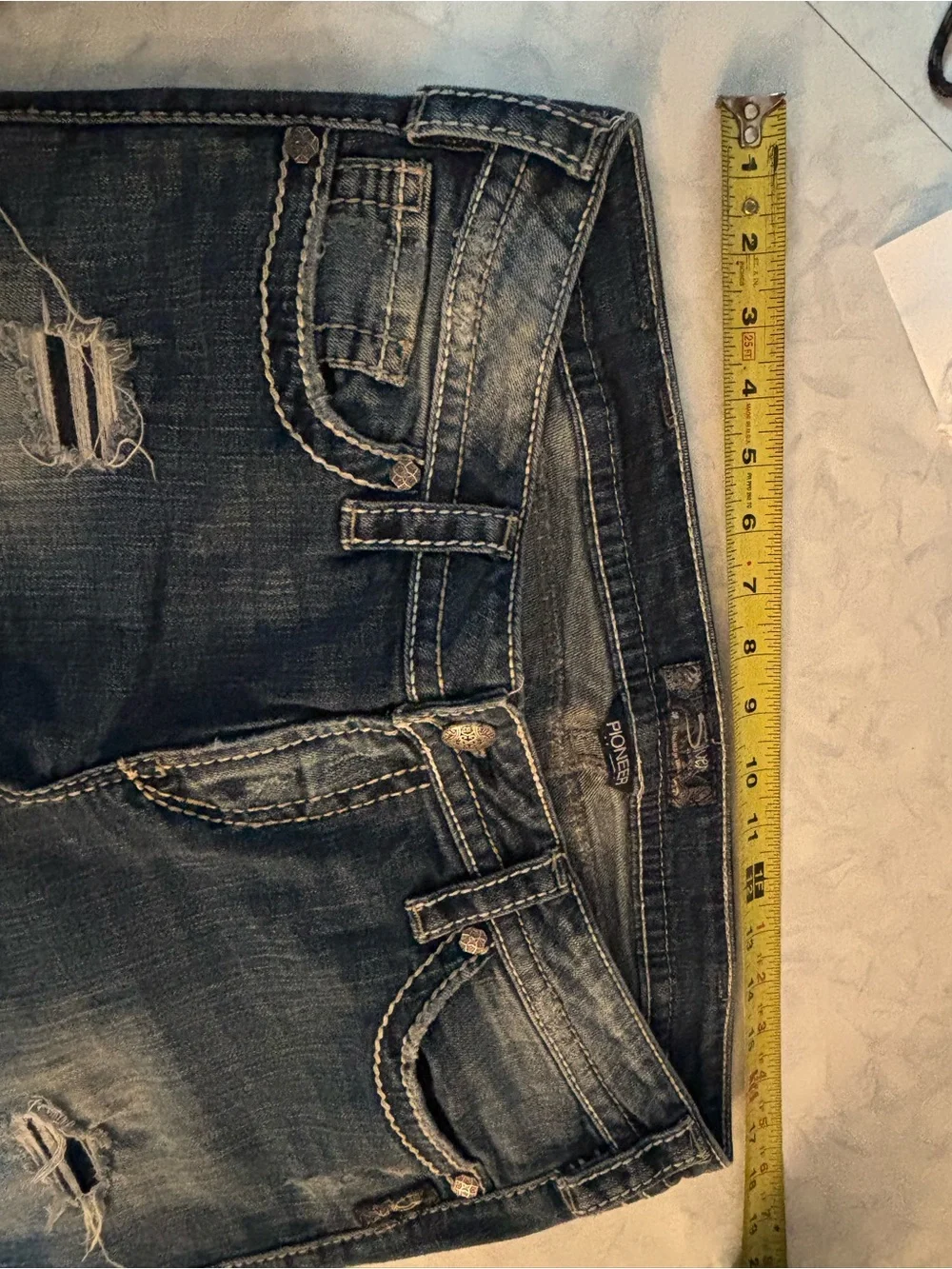 Silver Jeans Co Pioneer Men 34x31 Distressed Bootcut Thick Stitch Blue Denim Y2K
